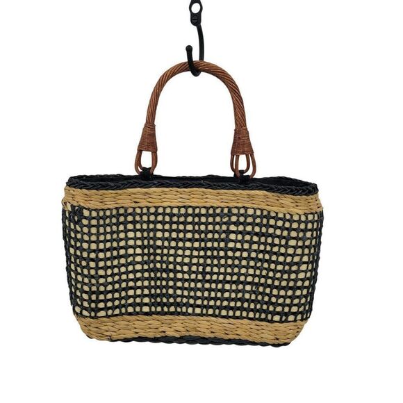 The Sak Woven Straw Rattan Basket Tote Bag Black Neutral Checkered Top Handle - Picture 1 of 8